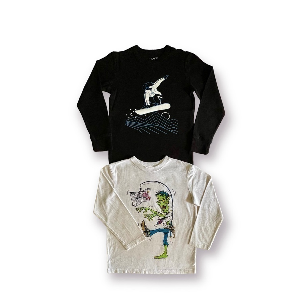 CHILDRENS PLACE, BOYS BLACK THERMAL & WHITE FRANKENSTEIN T-SHIRTS. SIZE M(7/8).